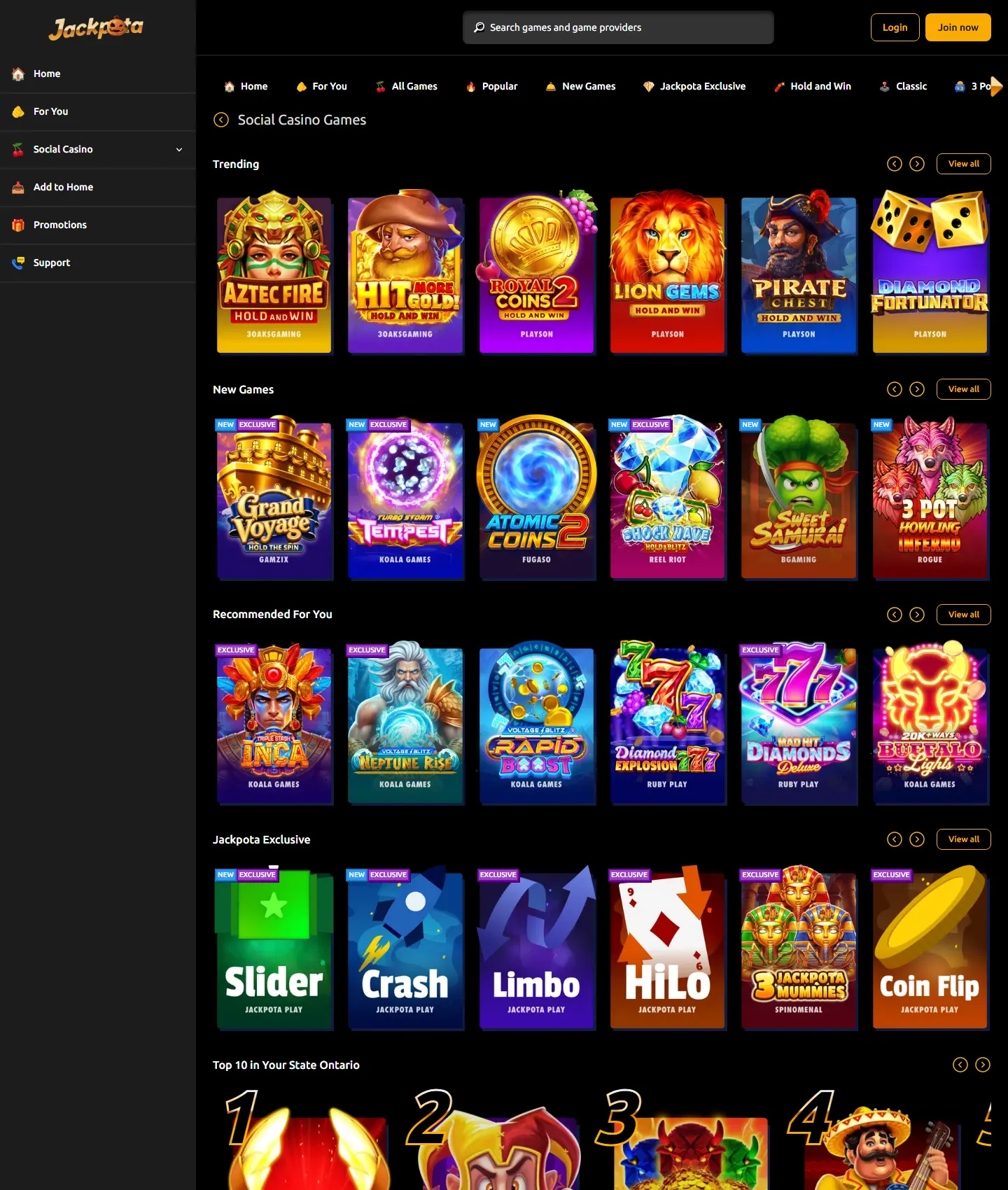 Screenshot of the Jackpota website