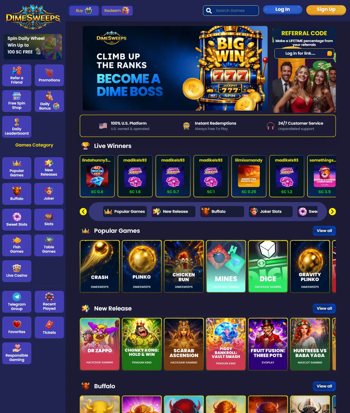 Screenshot of the DimeSweeps website